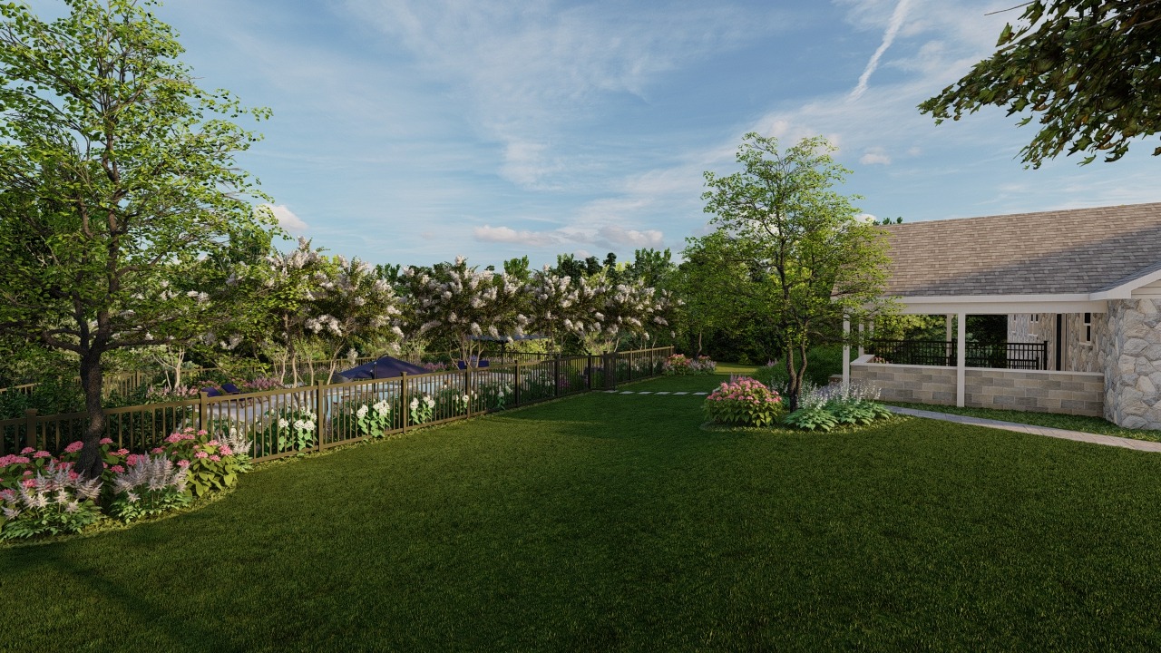 Beautiful backyard with trees and flowers