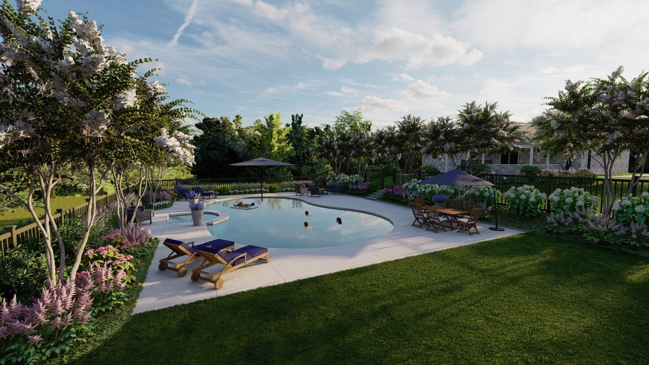 Beautiful backyard pool with surrounding greenery