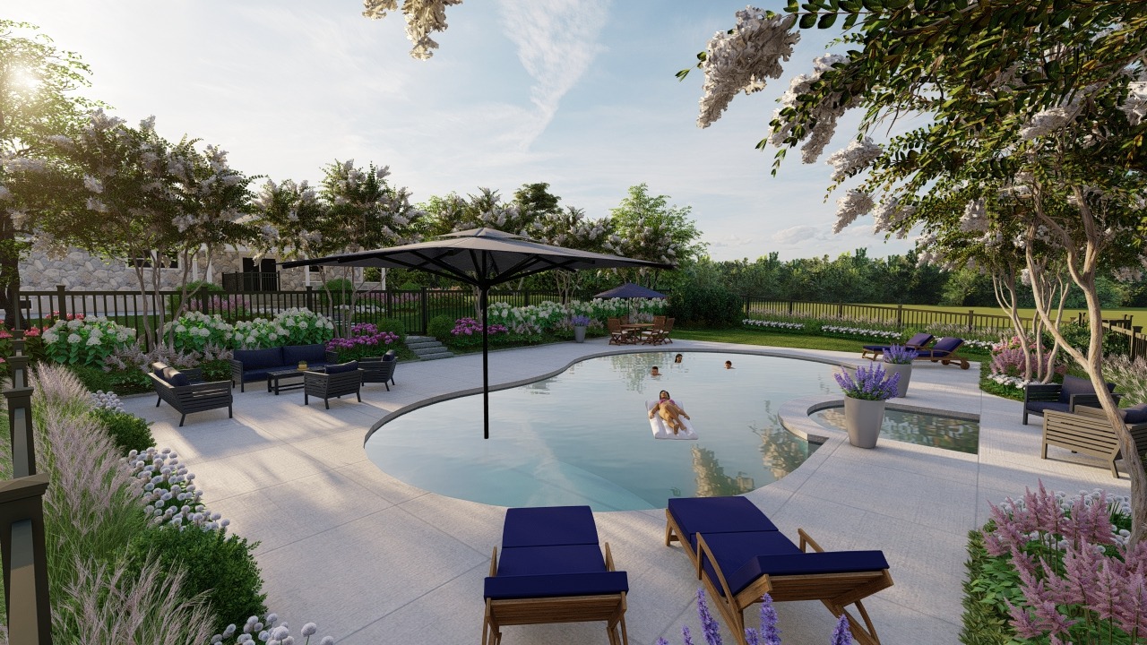 Outdoor pool with loungers and surrounding garden.