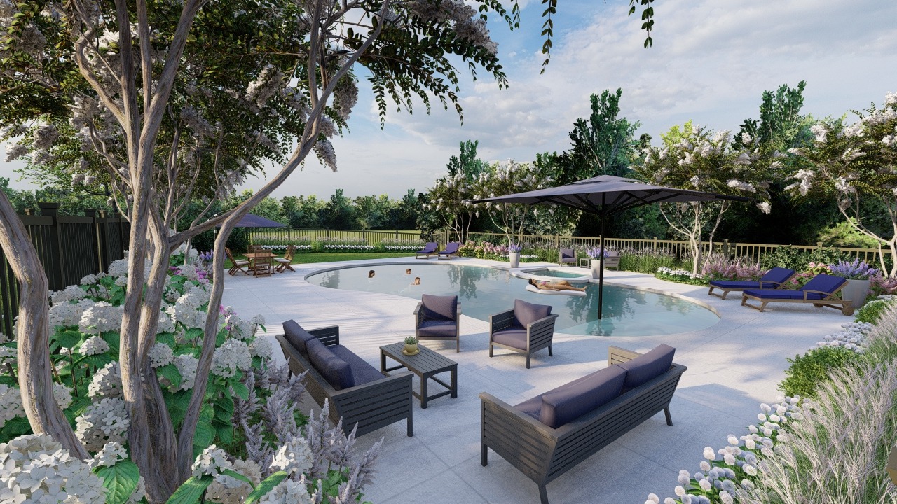 Elegant backyard pool area with seating and umbrellas