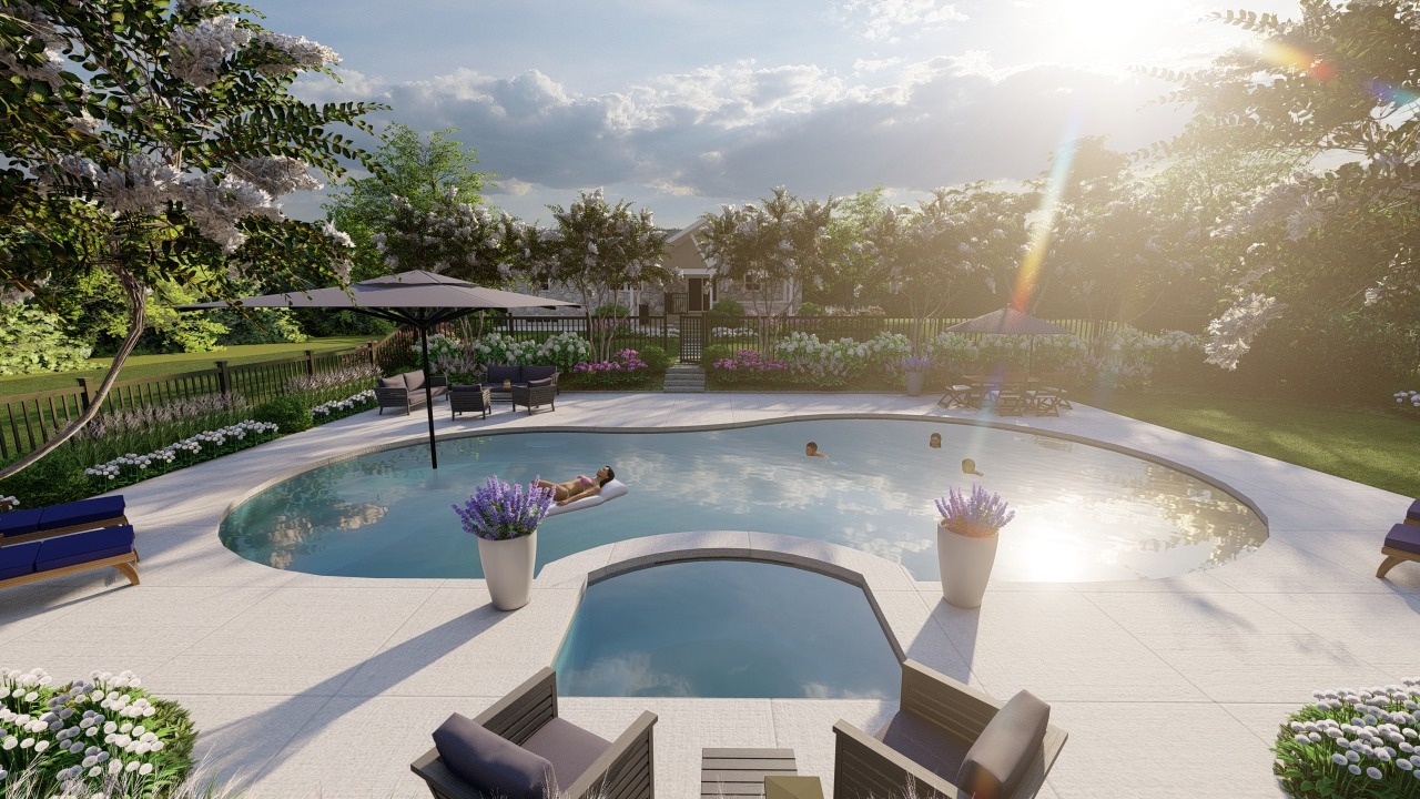Sunny day backyard pool with loungers and umbrellas.