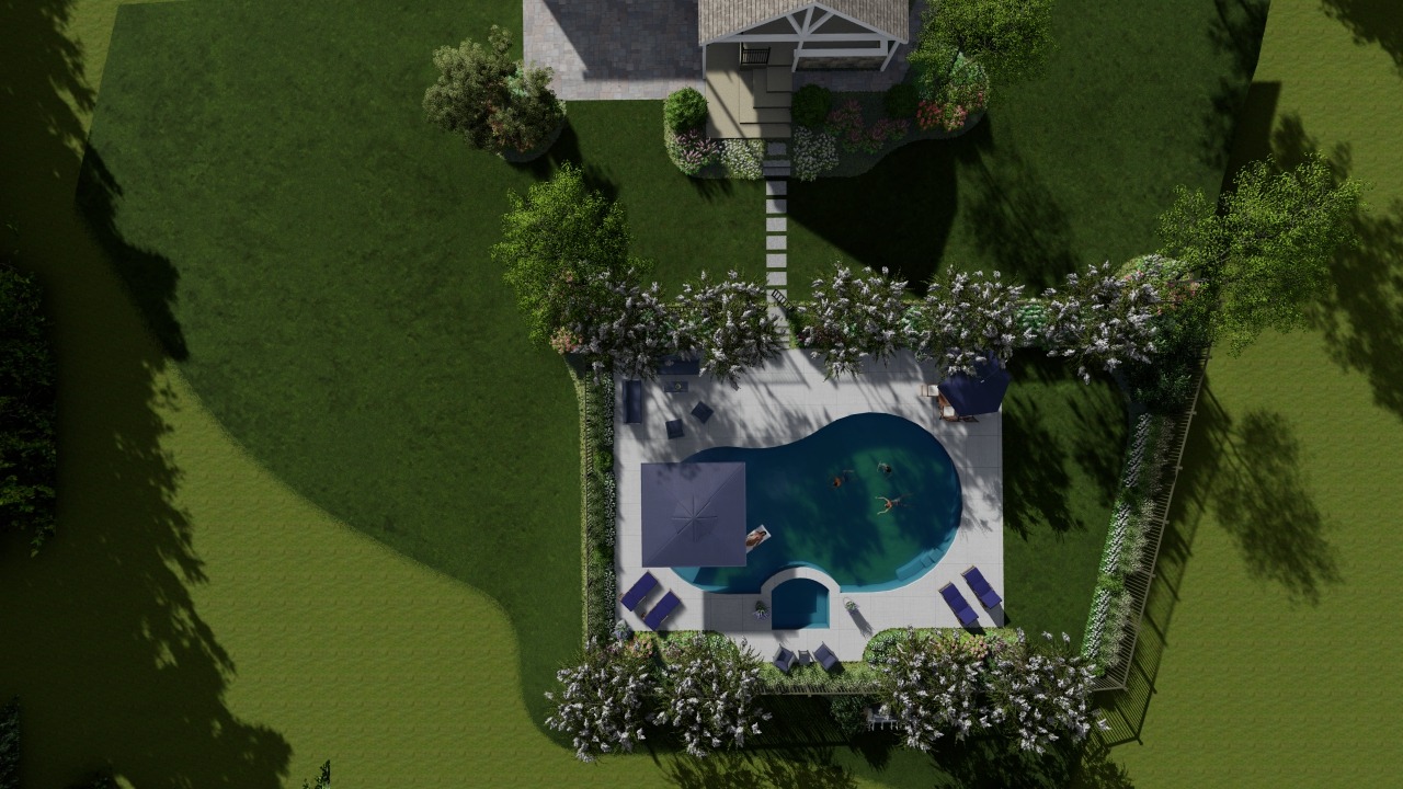 Aerial view of house with backyard pool