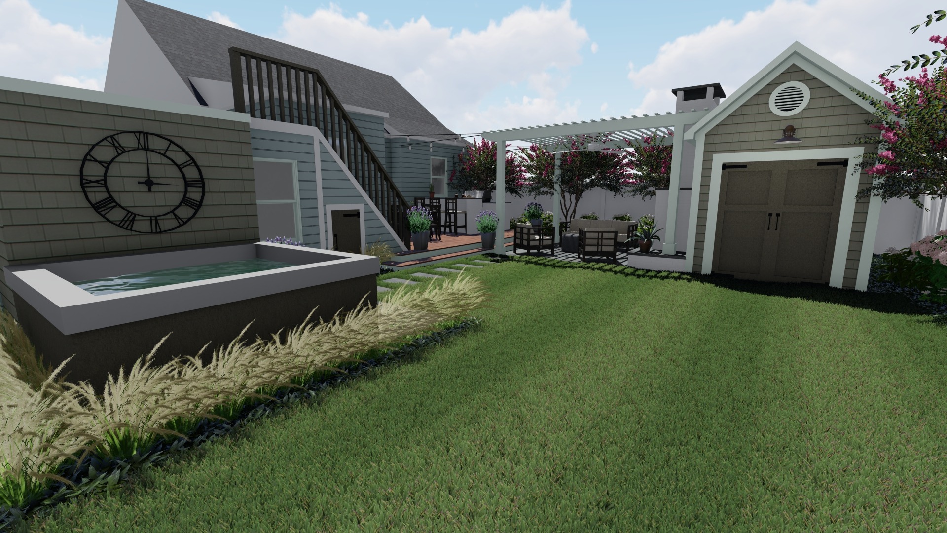 Backyard with lawn, hot tub, and patio furniture.