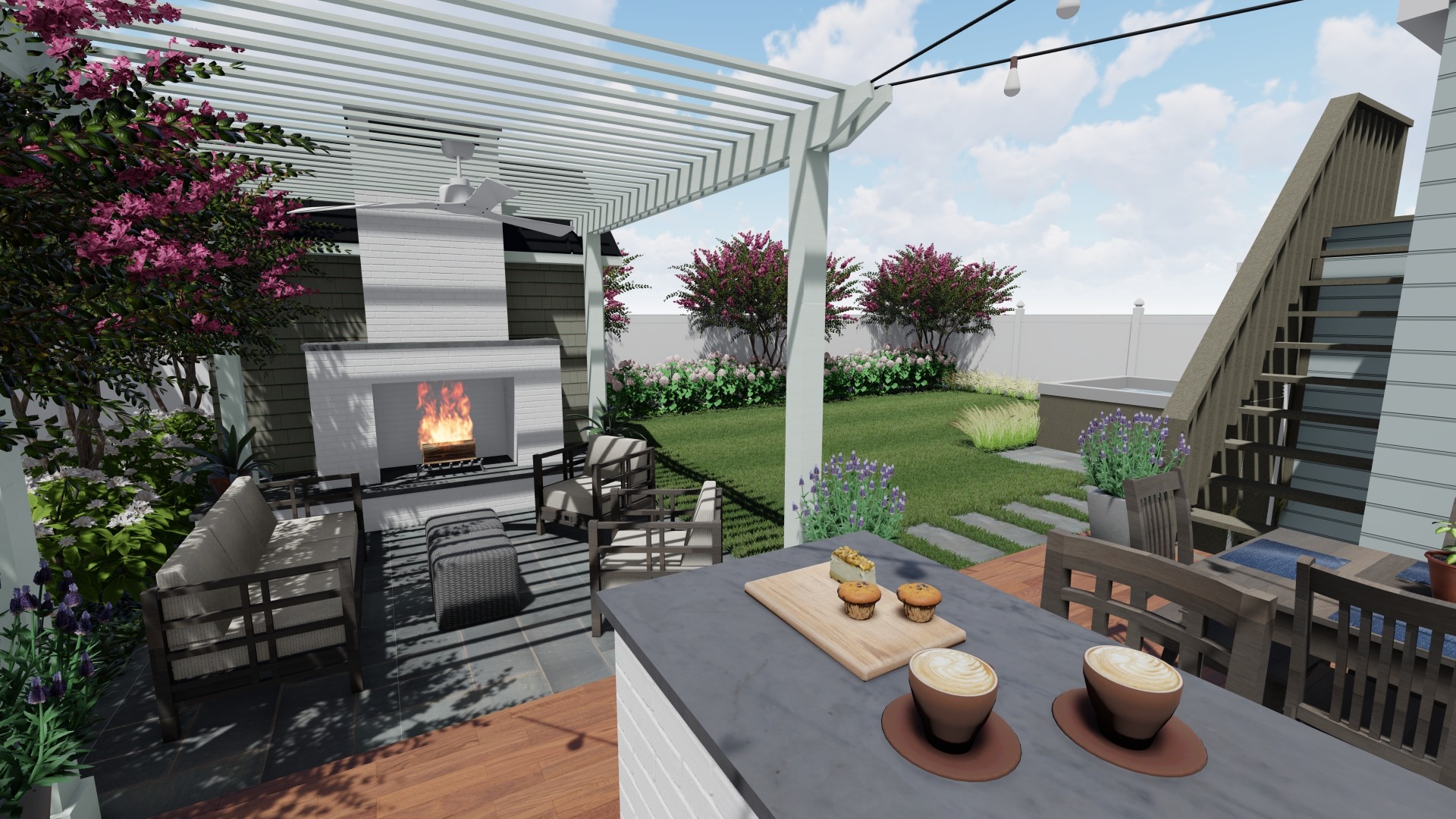Modern backyard with fireplace, seating, and beverages.