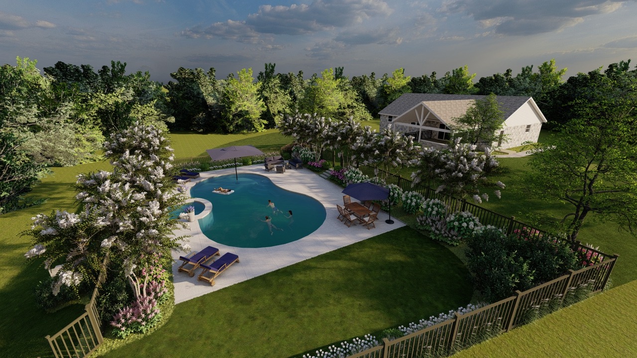 Backyard with pool and patio, surrounded by trees.