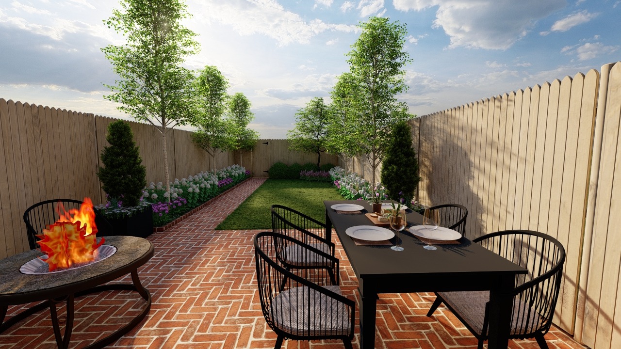 Backyard with dining area, fire pit, and garden