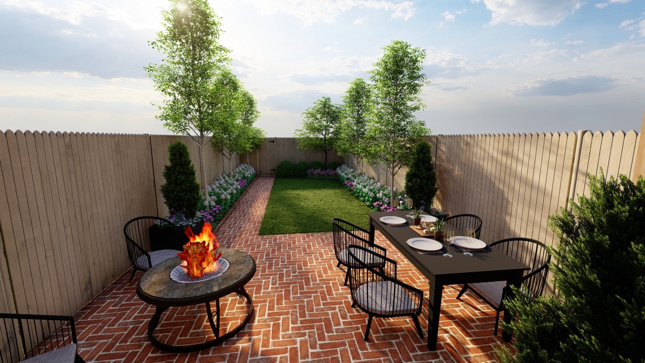 Backyard with fire pit and dining set