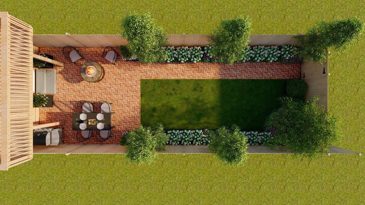 Aerial view of landscaped backyard garden with patio.