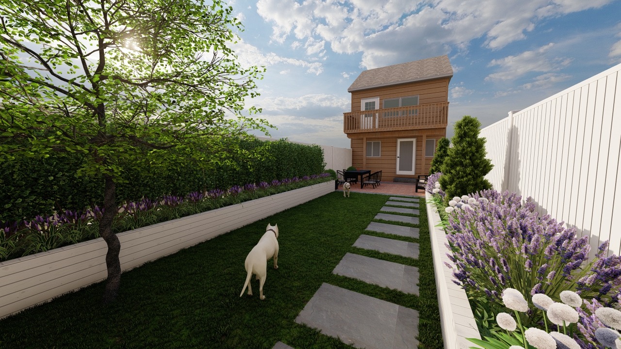 Backyard garden with house, path, and two dogs