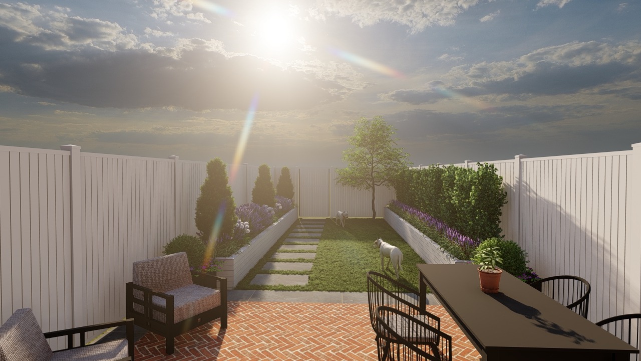 Sunny backyard garden with chairs and table