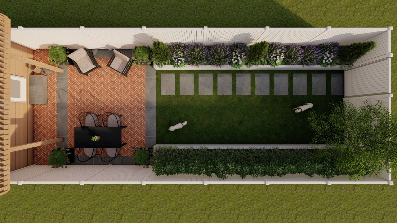Backyard garden with patio, seating, and grass area.