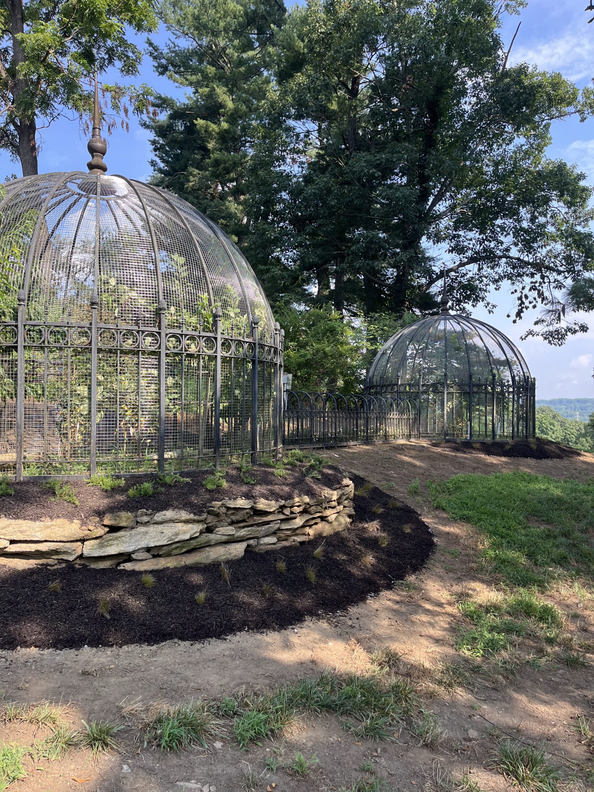 Ornate bird cages in a lush garden setting.