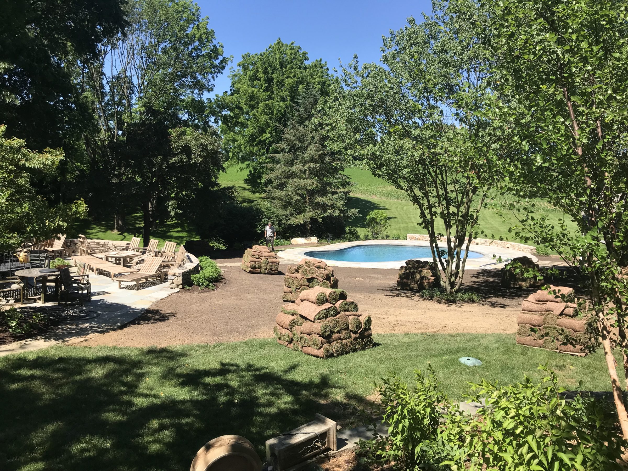 Backyard with patio, chairs, and pool.