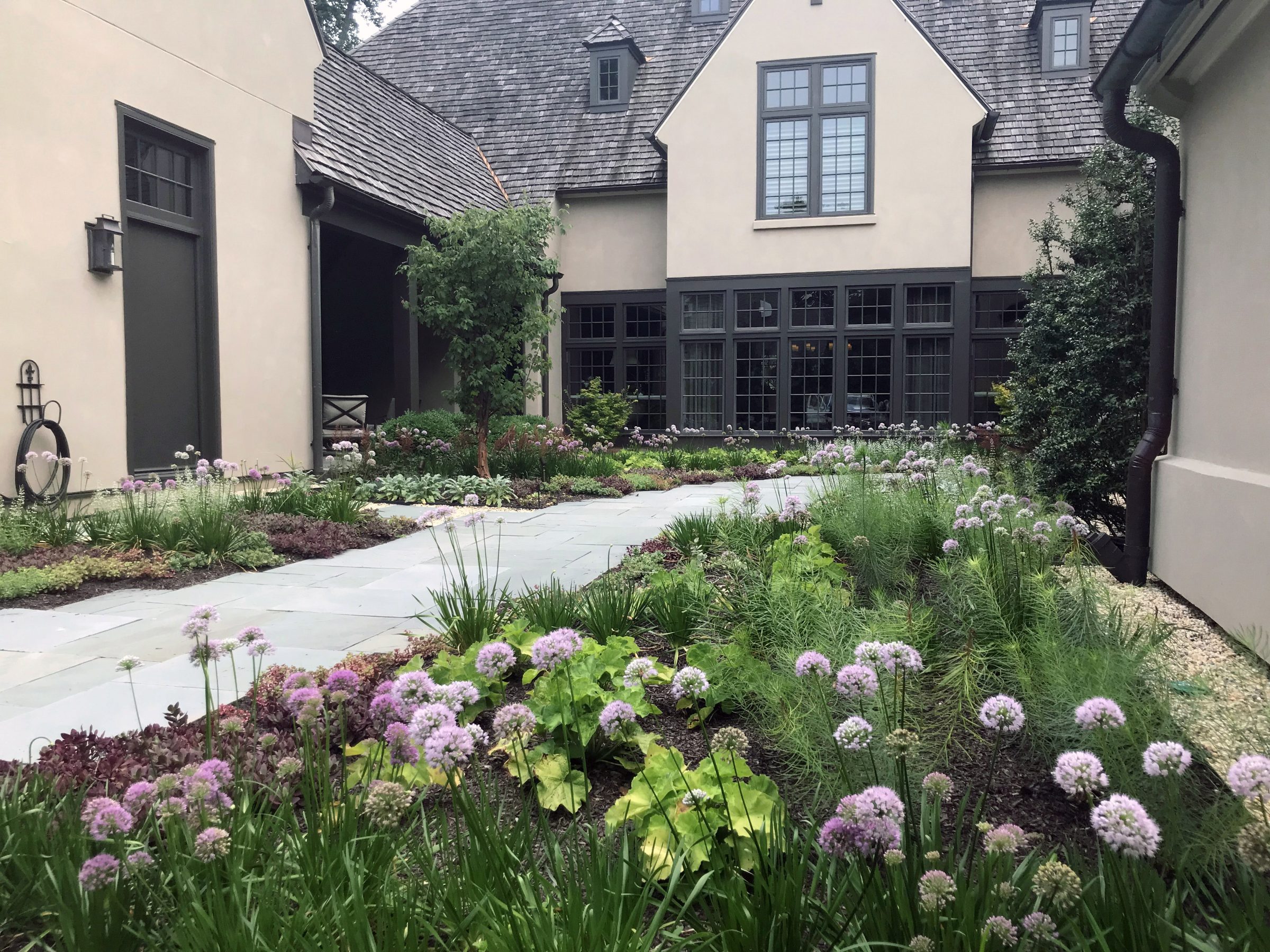 Courtyard garden with blooming flowers and greenery.